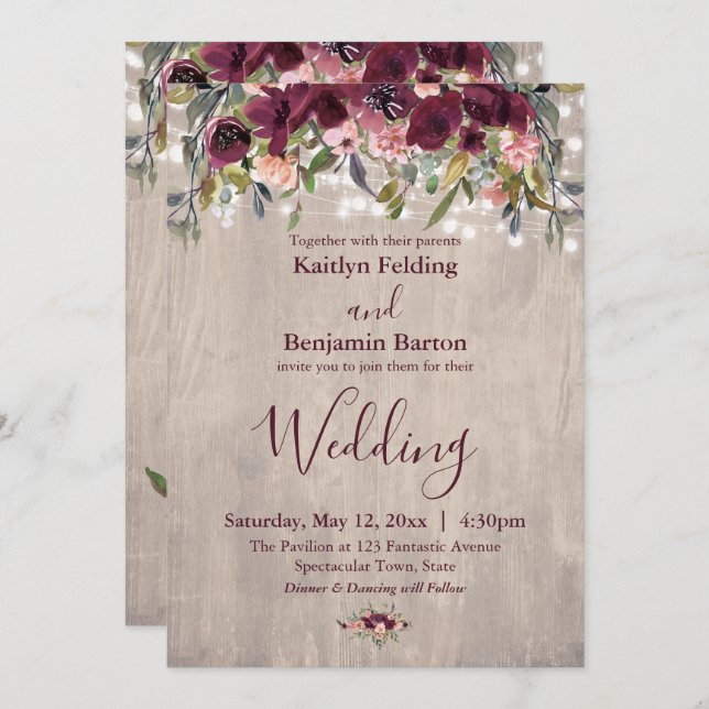 Invitation Aquarelle en bois rustique Lumières florales Maria (Devant / Derrière)