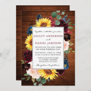 Invitation Aquarelle en bois rustique Mariage à cadre floral 