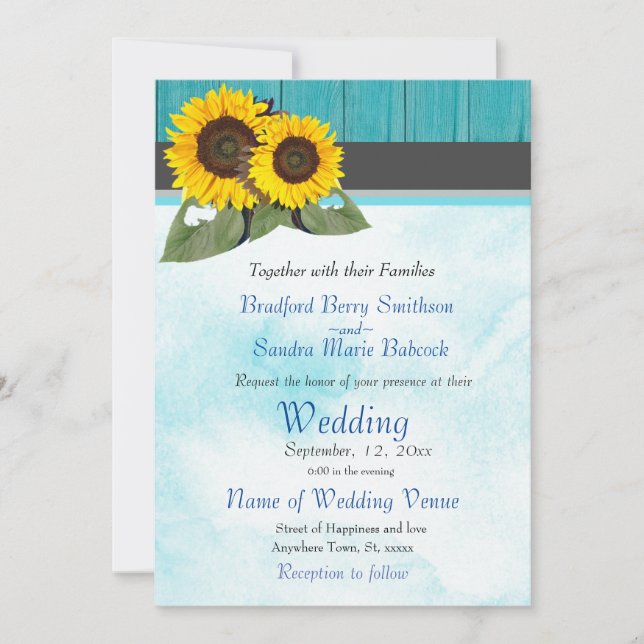 Invitation Aquarelle en bois turquoise Mariage de tournesol r (Devant)