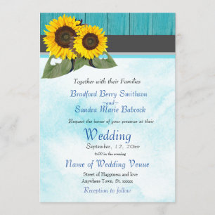 Invitation Aquarelle en bois turquoise Mariage de tournesol r