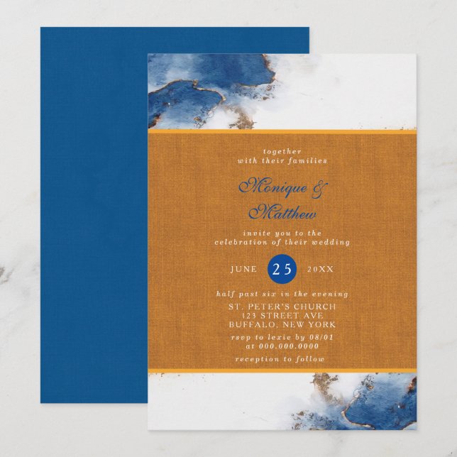 Invitation Aquarelle en cuivre rouille bleu Mariage Invitat (Devant / Derrière)