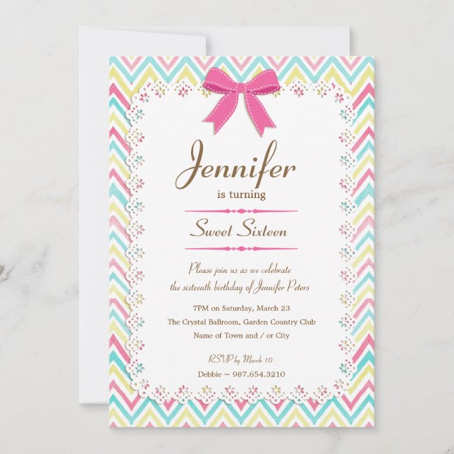 Invitation Aquarelle en dentelle de fille Chevron Rose Bow Sw (Devant)