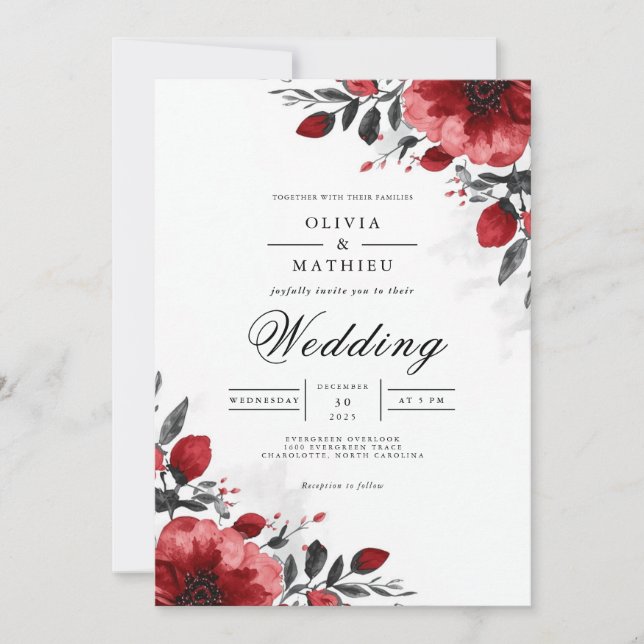 Invitation Aquarelle en fleur de Crimson Mariage (Devant)