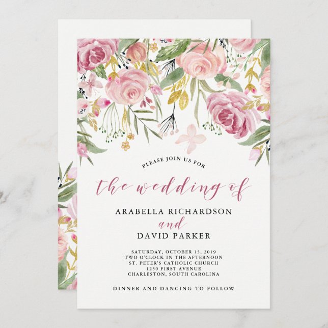 Invitation Aquarelle en fleurs| Mariage floral rose et or (Devant / Derrière)