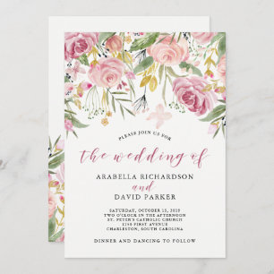 Invitation Aquarelle en fleurs Mariage floral rose et or
