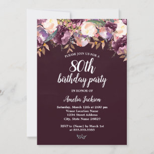 Invitation Aquarelle en fleurs violettes 80e anniversaire