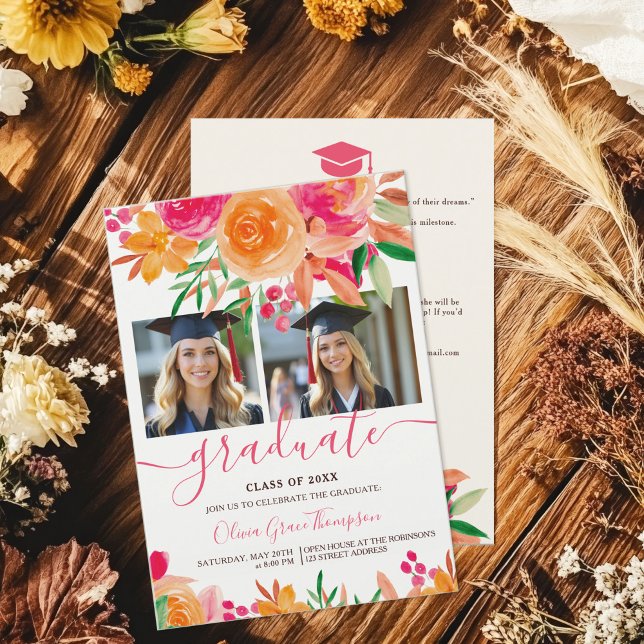 Invitation Aquarelle en gras Boho Floral 2 photos (Bold Watercolor Floral 2-Photo Graduation Invitation)