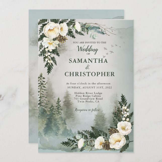 Invitation Aquarelle en ivoire de pin sylvestre Mariage flora (Devant / Derrière)