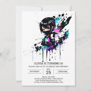 Invitation Aquarelle en ligne Ninja fille anniversaire