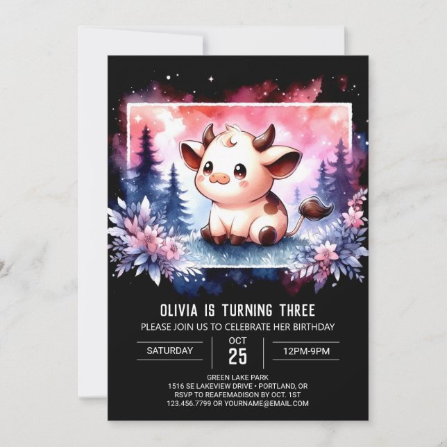 Invitation Aquarelle en ligne vache anniversaire (Devant)