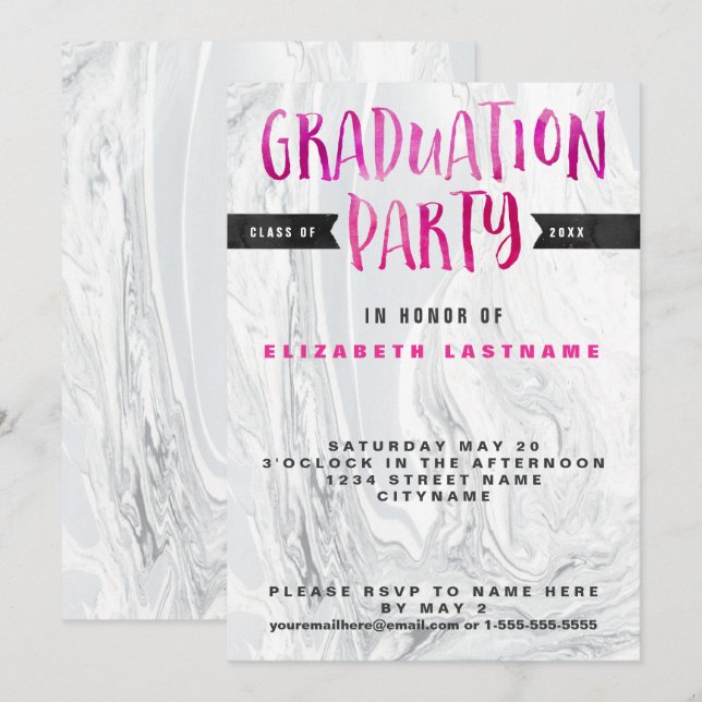 Invitation Aquarelle en marbre de la fête de graduation (Devant / Derrière)