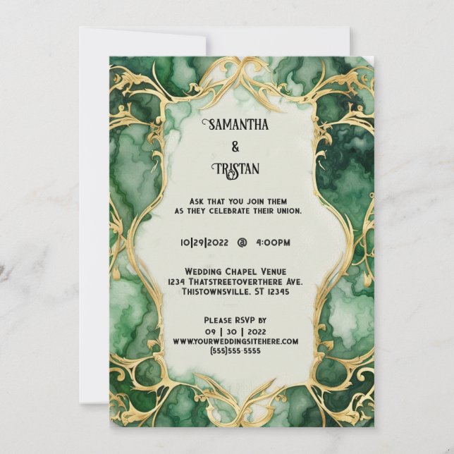 Invitation Aquarelle en marbre vert or Trim élégant mariage (Devant)