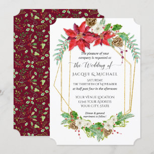 Invitation Aquarelle en or de Noël Poinsettia Bourgogne