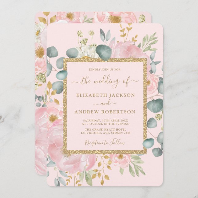 Invitation Aquarelle en or rose joli Floral Mariage de luxe (Devant / Derrière)