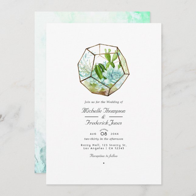 Invitation Aquarelle en verre Terrarium Succulents Mariage In (Devant / Derrière)