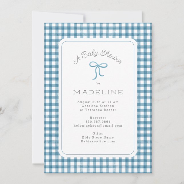 Invitation Aquarelle En vichy Baby shower bleu (Devant)