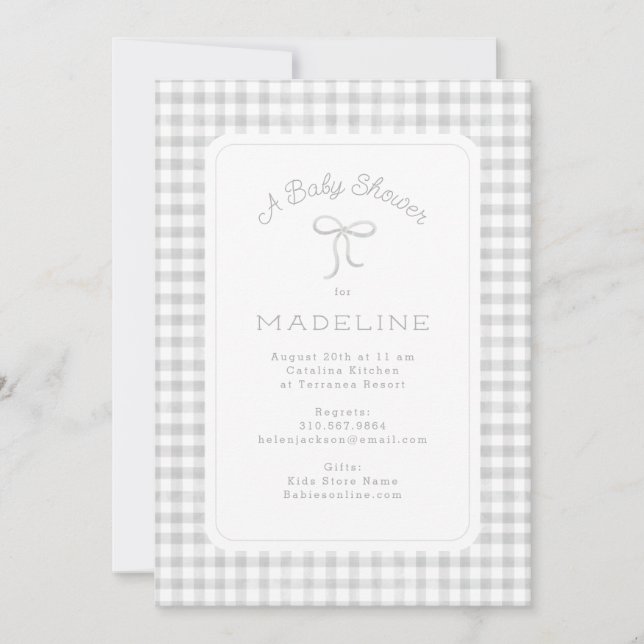 Invitation Aquarelle En vichy Baby shower gris clair (Devant)