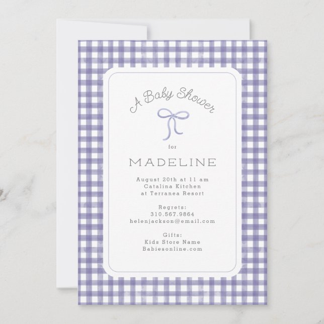 Invitation Aquarelle En vichy Baby shower pourpre (Devant)
