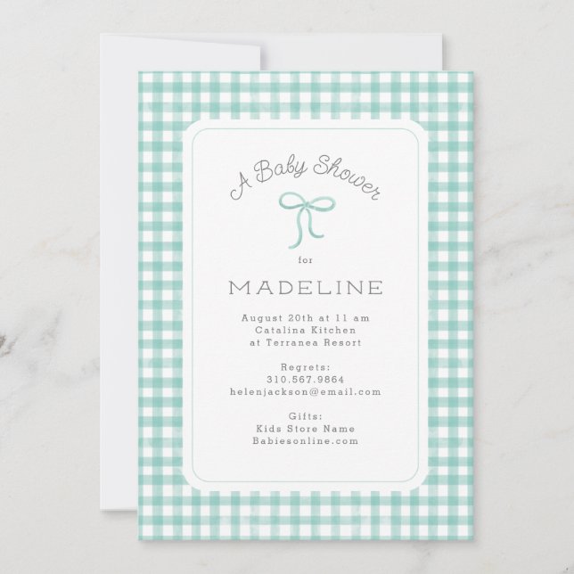 Invitation Aquarelle En vichy Baby shower vert menthe (Devant)