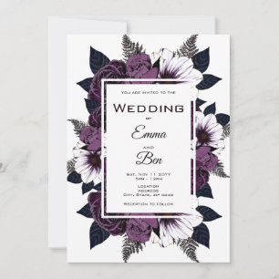 Invitation Aquarelle encadrée noir violet Mariage Floral Invi
