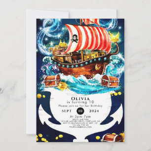 Invitation Aquarelle enchantée bateau Pirate Anniversaire