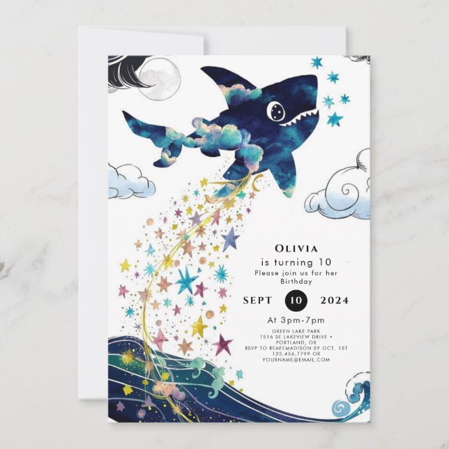 Invitation Aquarelle Enchantée Requin profond Anniversaire (Devant)