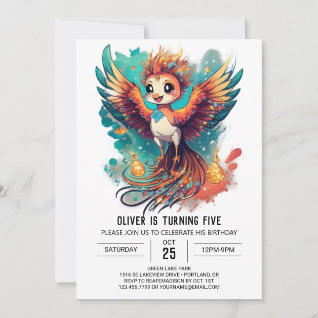 Invitation Aquarelle enchanteresse Phoenix Tale Anniversaire (Devant)