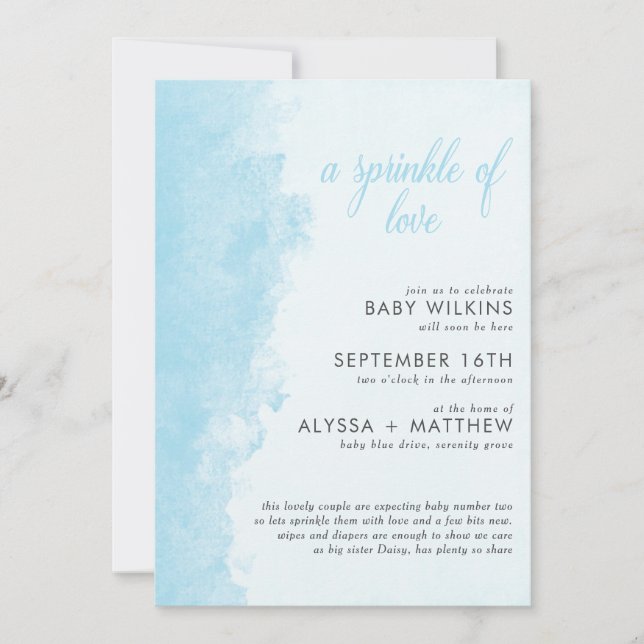 Invitation Aquarelle Encre Laver Texture Garçon Bébé Parsemer (Devant)