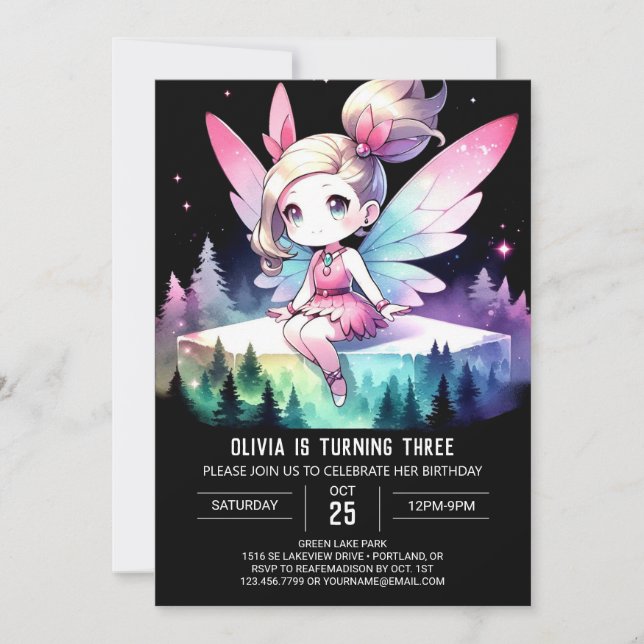 Invitation Aquarelle Enfants Fée Anniversaire (Devant)