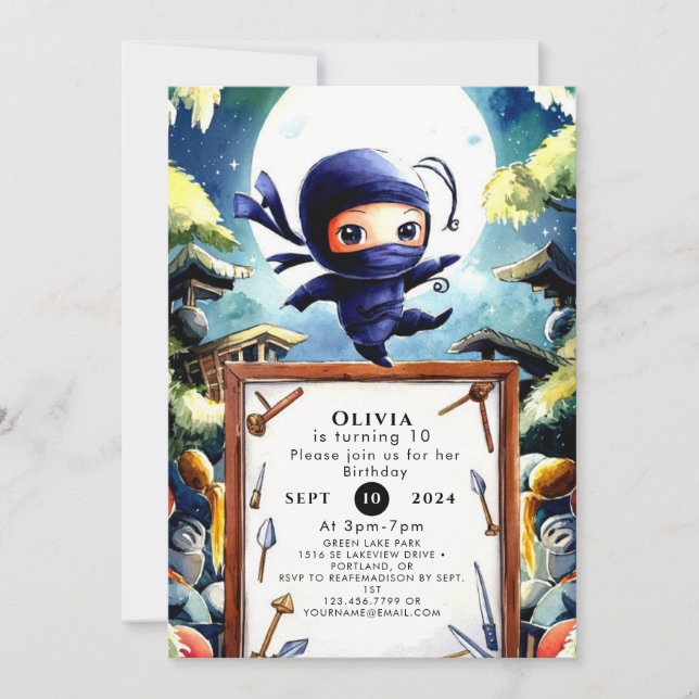 Invitation Aquarelle Enfants Ninja Anniversaire (Devant)