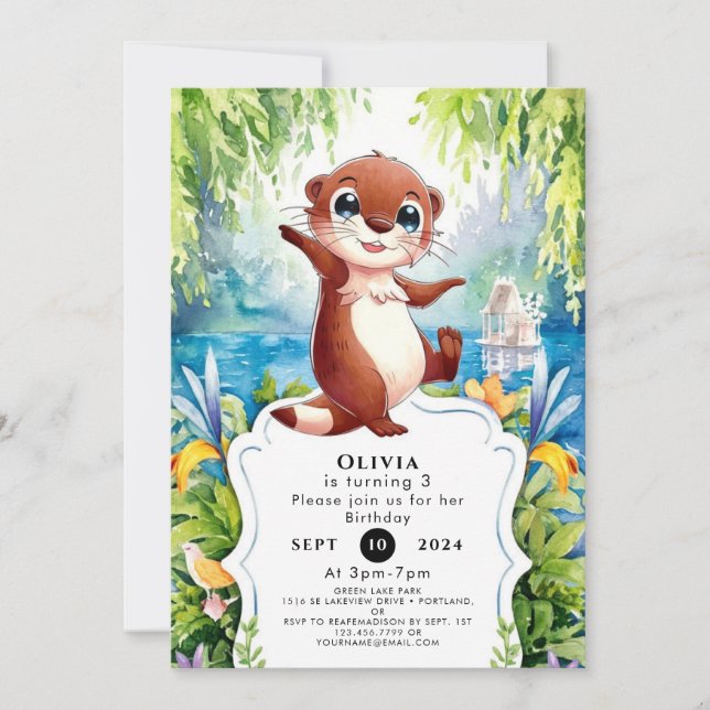 Invitation Aquarelle Enfants Otter Anniversaire (Devant)