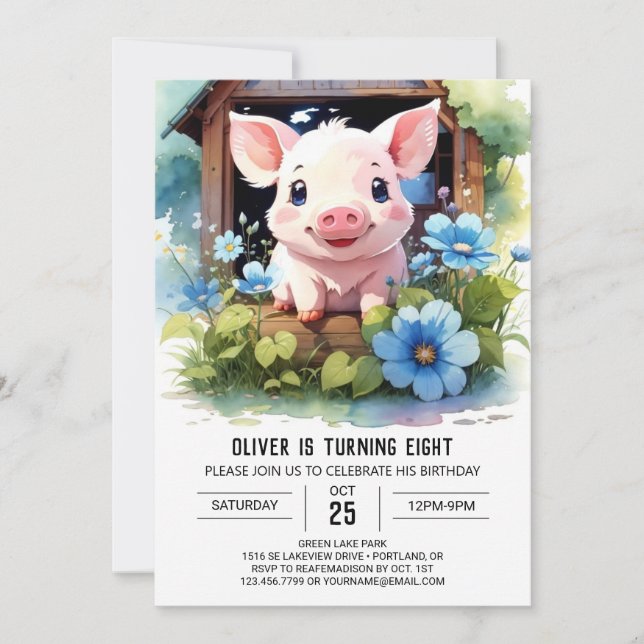 Invitation Aquarelle Enfants Piglet Barnyard Anniversaire (Devant)