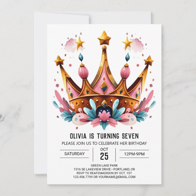 Invitation Aquarelle Enfants Princesse Couronne Anniversaire (Devant)