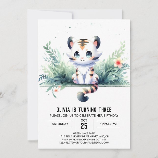 Invitation Aquarelle Enfants Tigre Anniversaire (Devant)