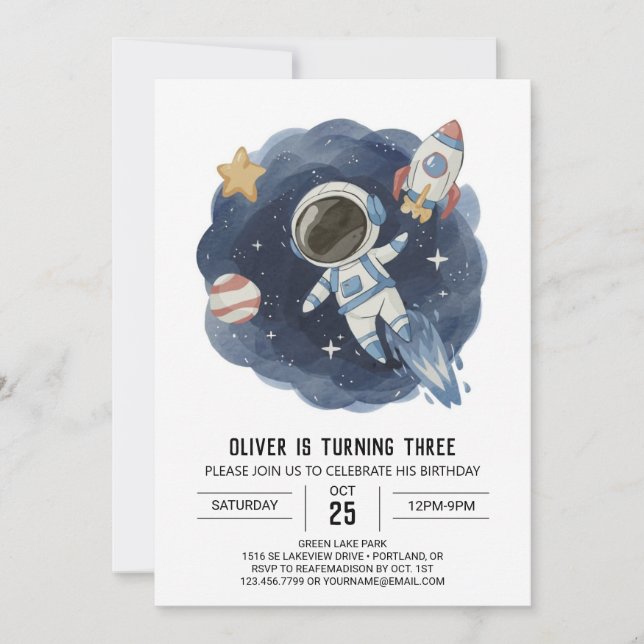 Invitation Aquarelle Espace extérieur Astronaut numérique Ann (Devant)