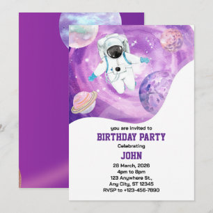 Invitation Aquarelle Espace Galaxie Astronaut Anniversaire