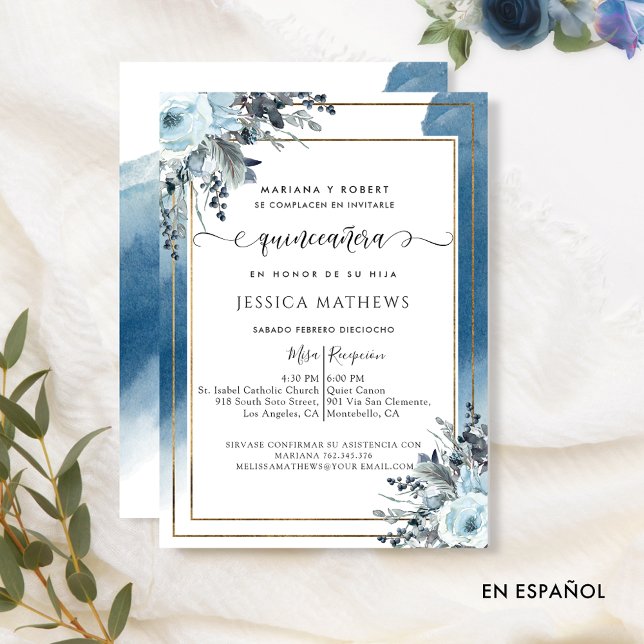 Invitation Aquarelle espagnole bleue Quinceañera avec fleurs (Créateur téléchargé)