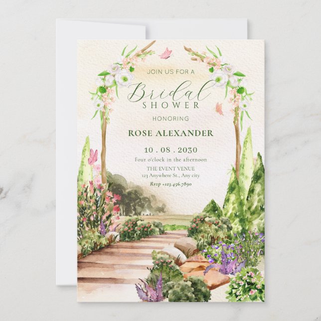 Invitation Aquarelle esthétique fleurie jardin nuptiale douch (Devant)