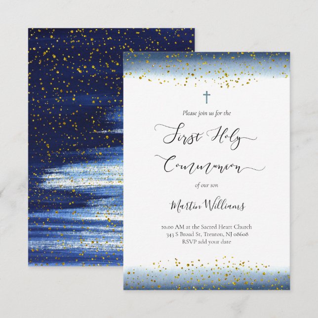 Invitation aquarelle et feuille FAUX confetti Première commun (Devant / Derrière)