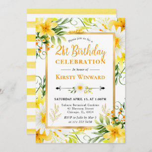 Invitation Aquarelle et Fleurs Jaunes 21e anniversaire