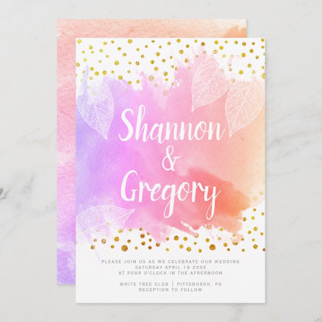 Invitation Aquarelle et or confetti typographie mariage (Devant / Derrière)
