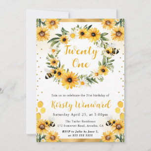Invitation Aquarelle Été Abeille et Tournesols 21e Anniversai
