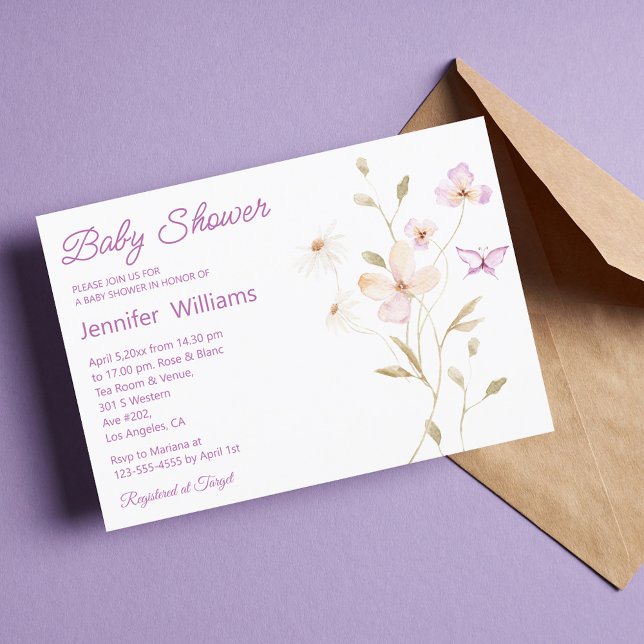 Invitation aquarelle été rose floral fille baby shower (Créateur téléchargé)