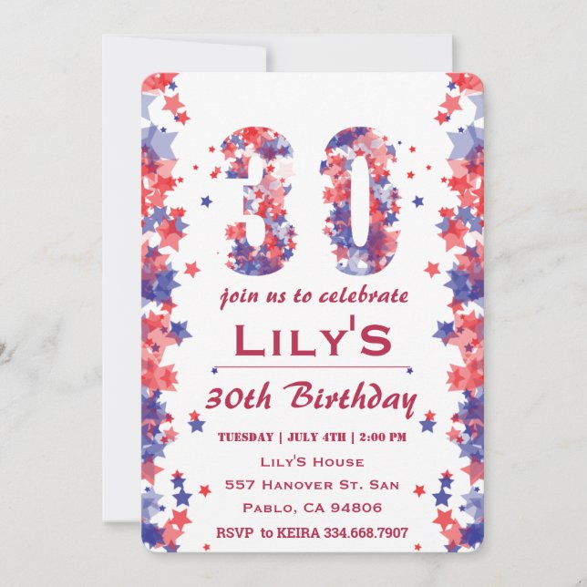 Invitation Aquarelle Etoiles 4 juillet 30e anniversaire (Devant)