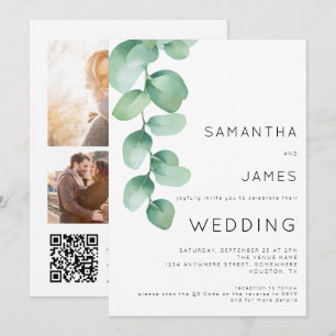 Invitation Aquarelle Eucalyptus 3 Photos Code QR Mariage