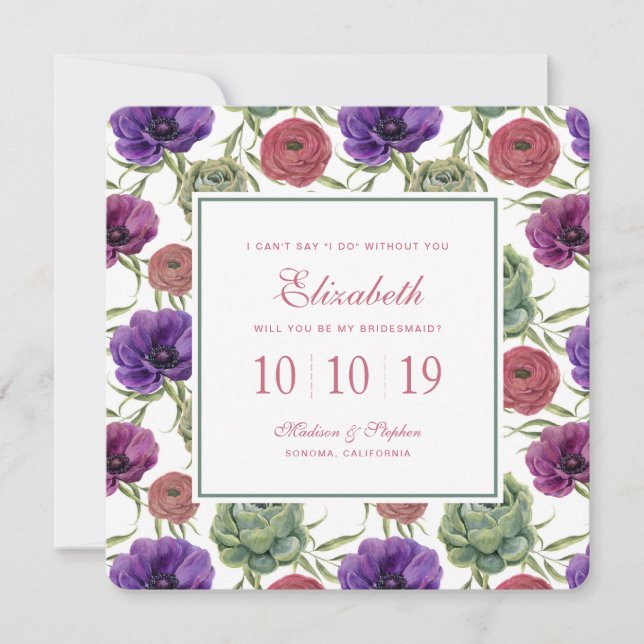 Invitation Aquarelle | Eucalyptus & Anémones - Bridesmaid (Devant)