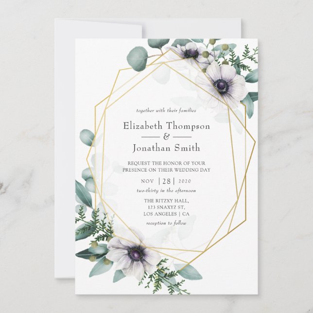 Invitation Aquarelle Eucalyptus Anémonique Mariage géométriqu (Devant)
