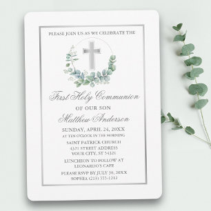 Invitation Aquarelle Eucalyptus Argent Première communion