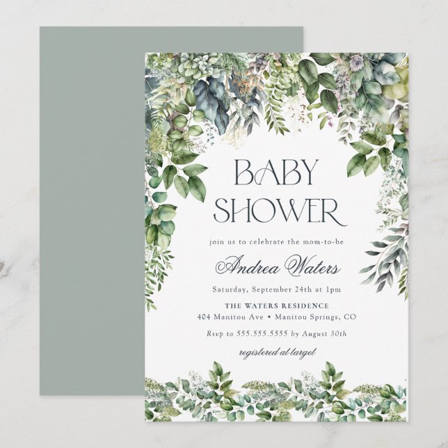 Invitation Aquarelle Eucalyptus Baby shower botanique (Devant / Derrière)