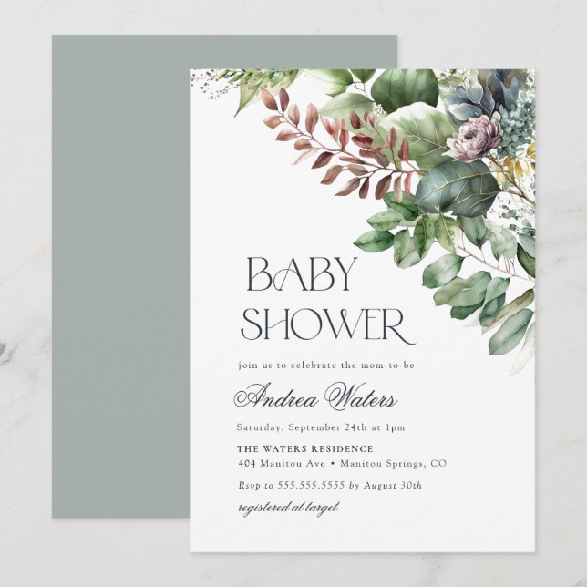 Invitation Aquarelle Eucalyptus Baby shower botanique (Devant / Derrière)